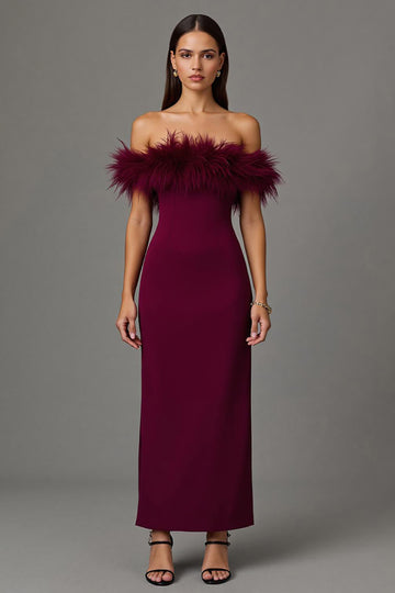 Elegant Burgundy Off The Shoulder Formal Dress with Feathers